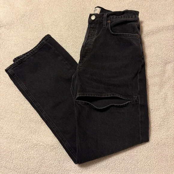 AGOLDE Lana Slice Mid-rise Straight-leg Jeans Distressed Black Gray Leg Hole - Picture 15 of 16